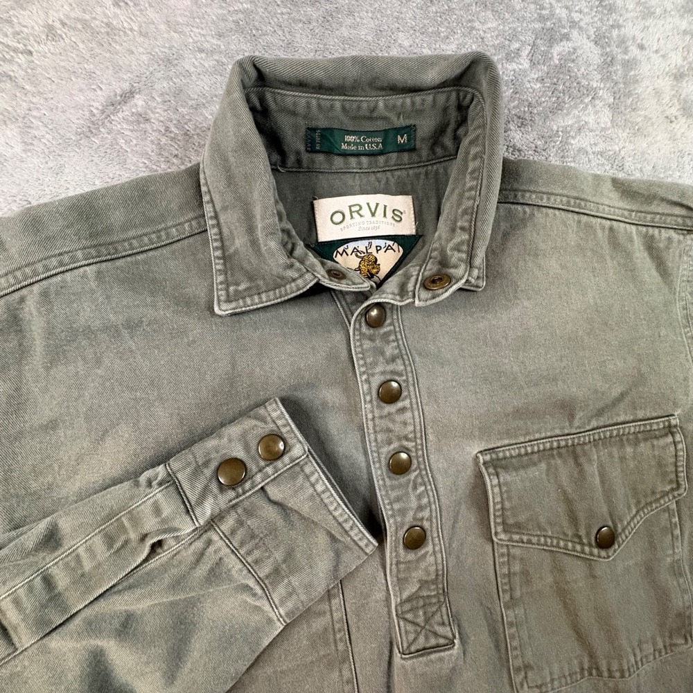 VTG Orvis Malpai Men's M (~XL) Faded Moss Green Snap Safari Shirt Made in USA